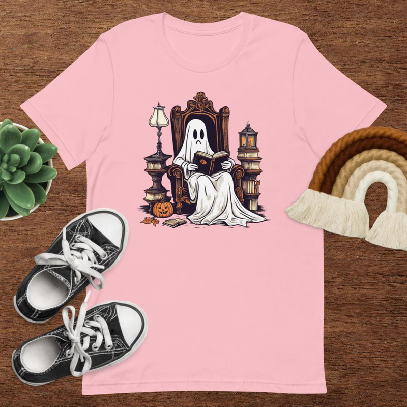 Vintage Ghost Book Reading Pumpkin Gothic Halloween Teachers Tshirt 2