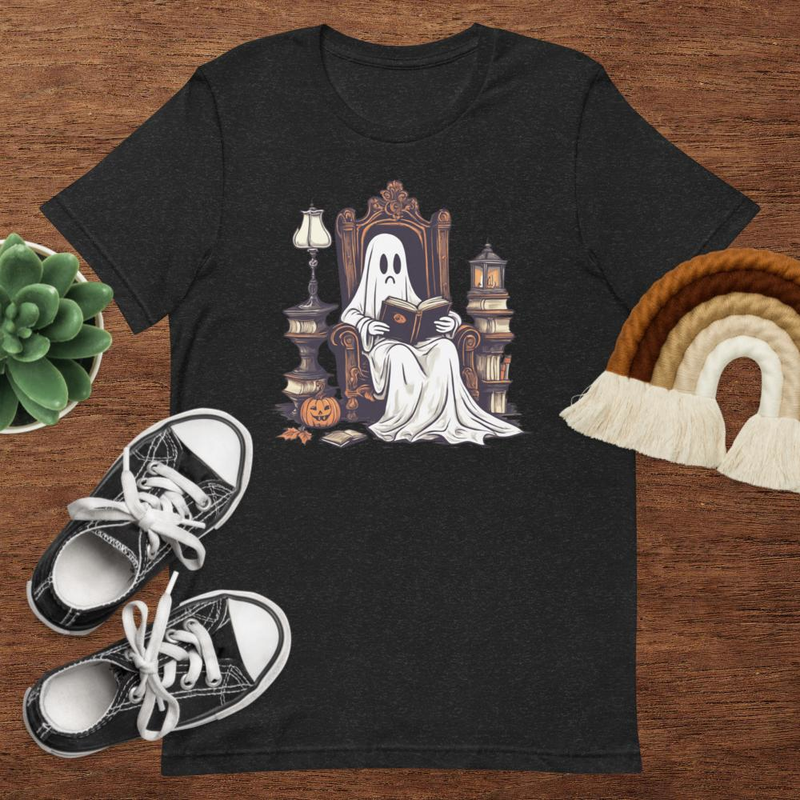Vintage Ghost Book Reading Pumpkin Gothic Halloween Teachers Tshirt 0