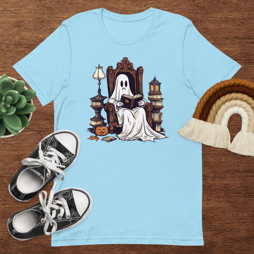 Vintage Ghost Book Reading Pumpkin Gothic Halloween Teachers Tshirt 5