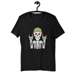 skeleton wearing an green baseball cap