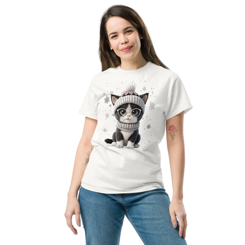 Cute Holiday Cat With Glasses  Winter Wonderland Art Unisex Classic Tee 3