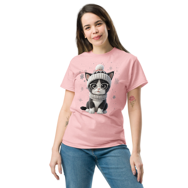 Cute Holiday Cat With Glasses  Winter Wonderland Art Unisex Classic Tee 1