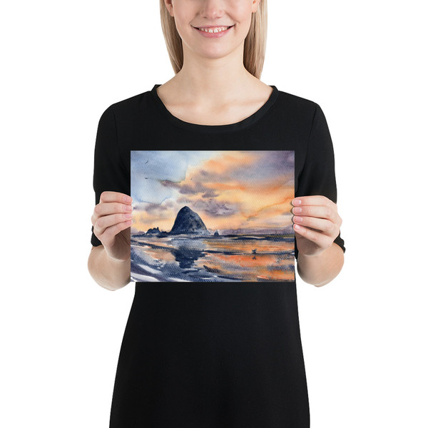 Cannon Beach Painting Large Watercolor Print Oregon Coast Poster Haystack Rock Sunset Seaside