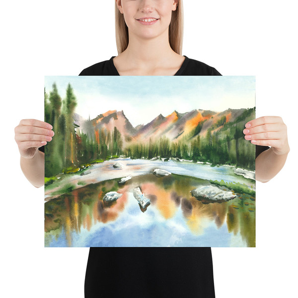 Rocky mountains lake painting Watercolor print giclee print Wall decor Emerald lake art Landscape scenery National park