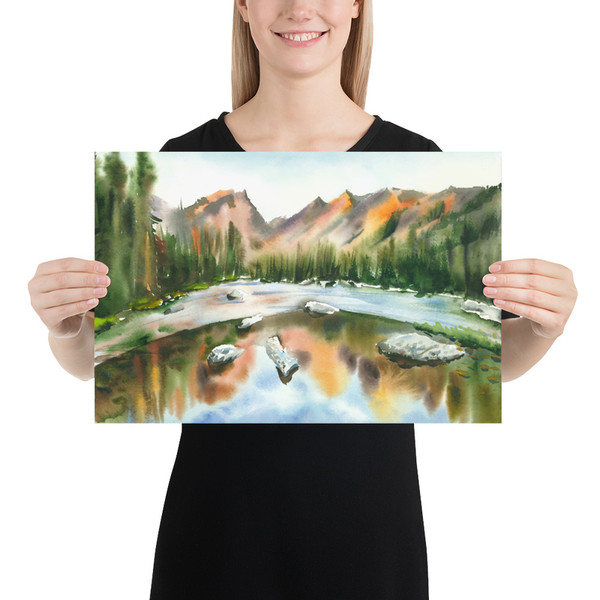Rocky mountains lake painting Watercolor print giclee print Wall decor Emerald lake art Landscape scenery National park