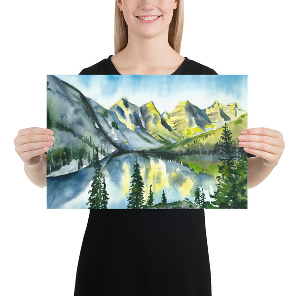 Rocky mountains lake painting Art giclee print Watercolor artwork Emerald lake art Landscape scenery National park art