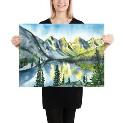 Rocky mountains lake painting Art giclee print Watercolor artwork Emerald lake art Landscape scenery National park art