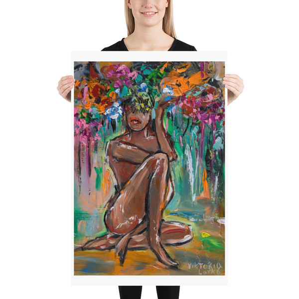 Nude Woman Art Print Original Art Poster Flowers Woman Art Wall Naked Woman Art Print African Woman Art