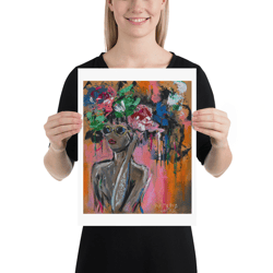 Woman Painting Poster Female Portrait Print Flowers Head Girl Nude Artwork Print