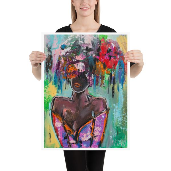 Woman Painting Print Original Art Poster African American Art Flowers Woman Art Faceless Portrait of Woman Wall Art