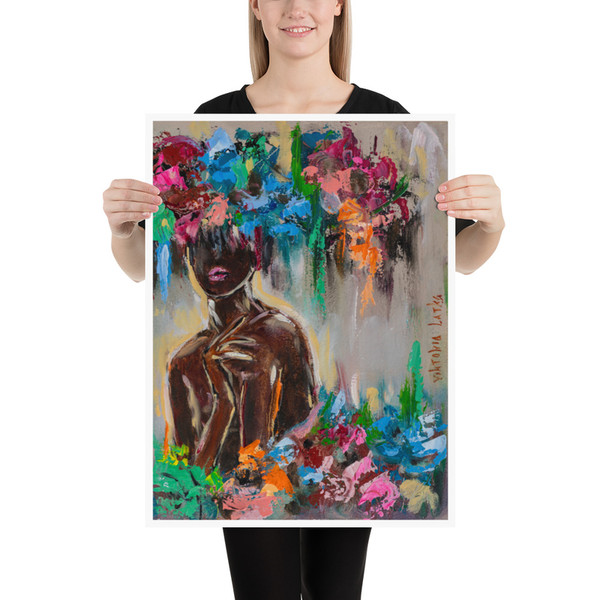 Black Woman Art Figurative Art Print Flowers Woman Art Faceless Portrait Woman Flowers Painting Print Black Woman Poster