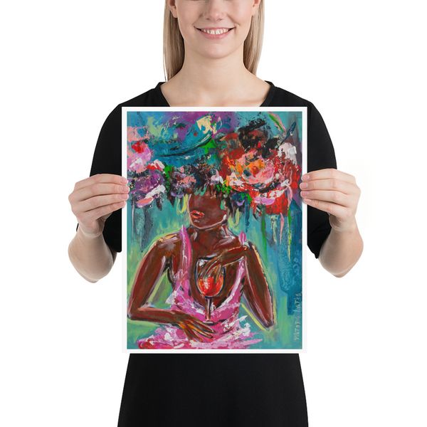Black Woman Painting Print Faceless Portrait Print Wine Painting Flowers Woman Painting Colorful Figurative Art