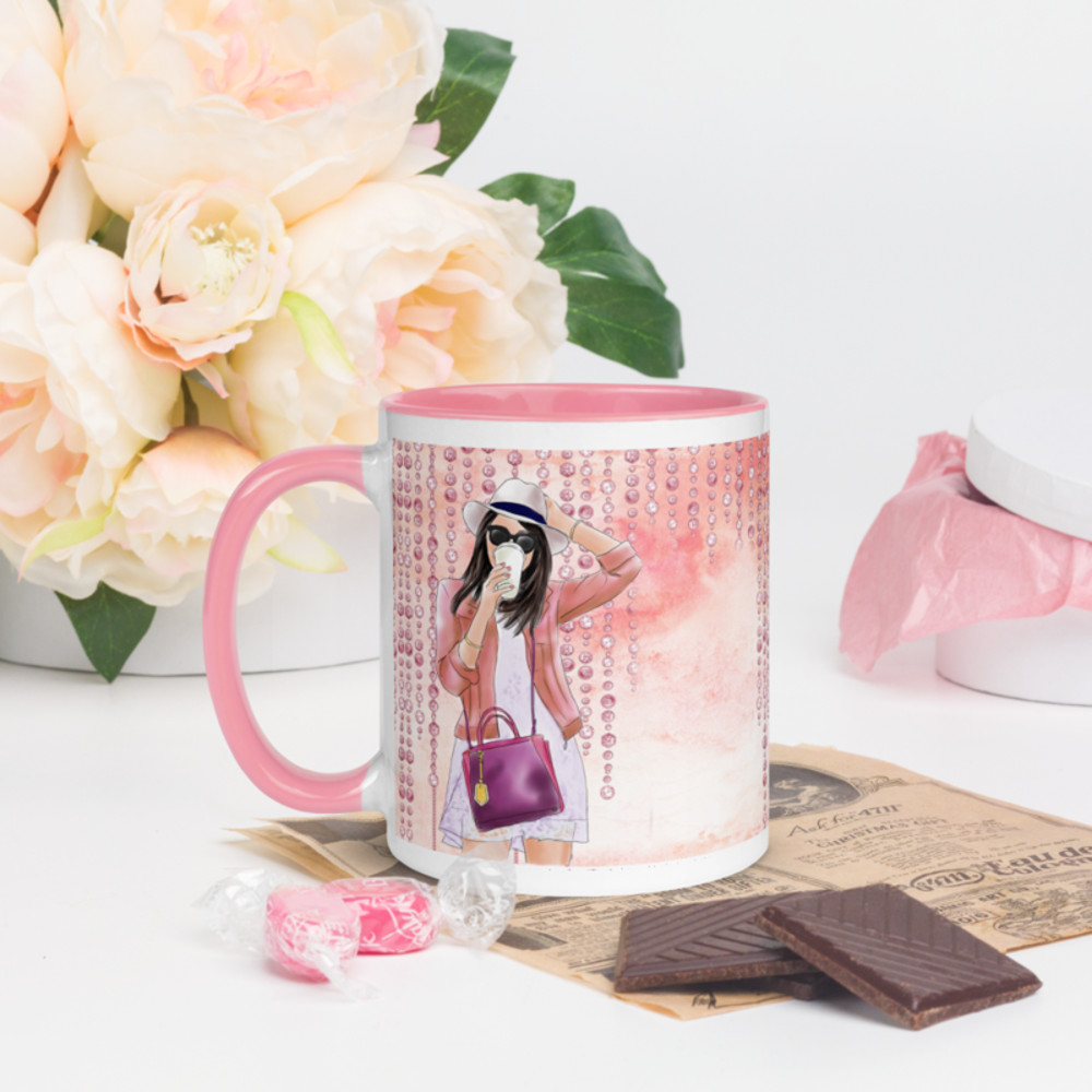 Watercolor Brunette Girl in Sexy Dress Mug with Color Inside