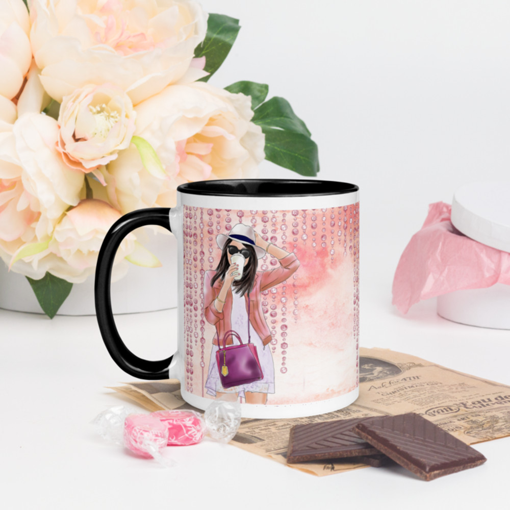 Watercolor Brunette Girl in Sexy Dress Mug with Color Inside