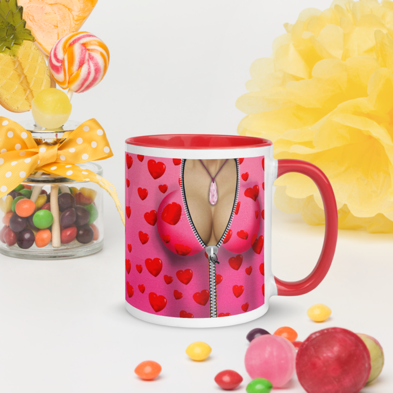 Sexy Boobes with Red Hearts Coffee Mug with Color Inside