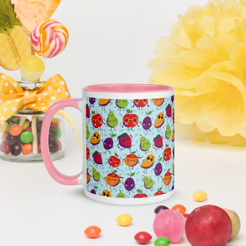 Cute Kawaii Smiling Fruits Seamless Pattern Coffee Mug with Color Inside