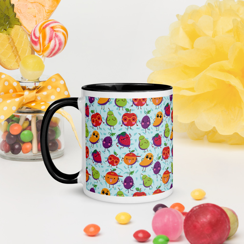 Cute Kawaii Smiling Fruits Seamless Pattern Coffee Mug with Color Inside