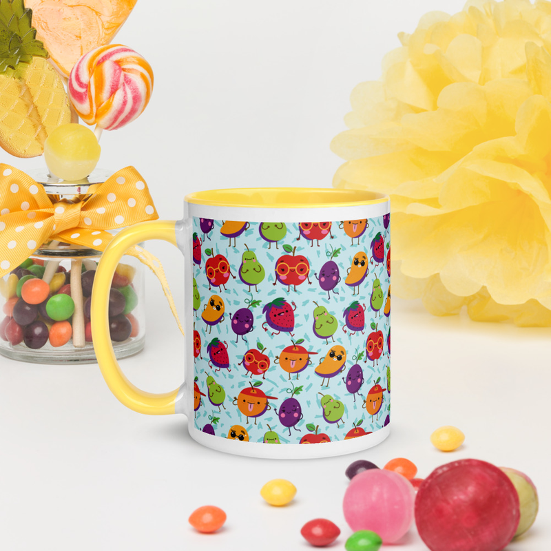 Cute Kawaii Smiling Fruits Seamless Pattern Coffee Mug with Color Inside