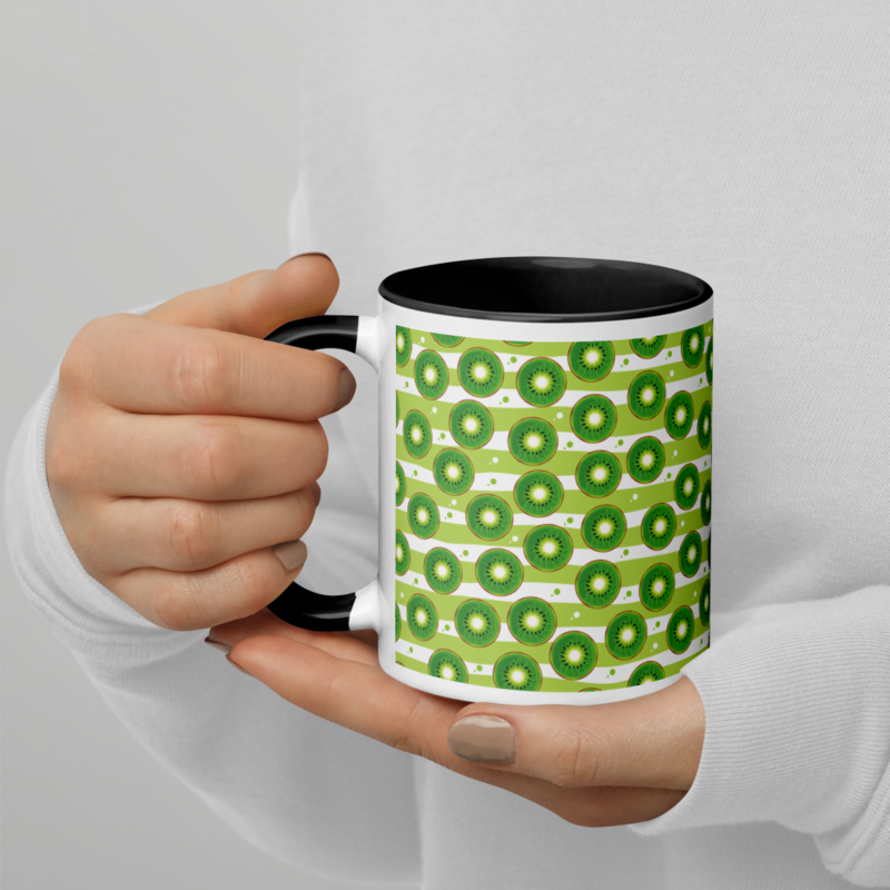 Kiwi slices on a striped background Mug with Color Inside