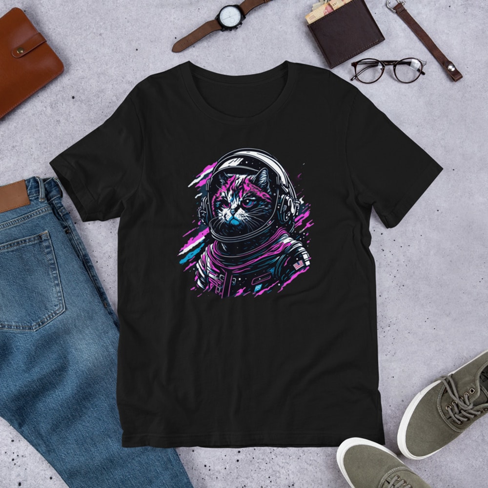 Cat Astronaut Named Tommy Purple color Unisex t-shirt
