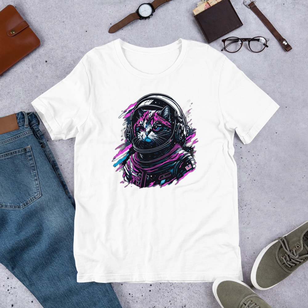 Cat Astronaut Named Tommy Purple color Unisex t-shirt