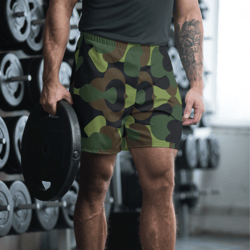 woodland military camo green brown black pattern men's recycled athletic shorts