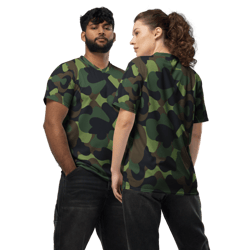 woodland military camo green brown black pattern recycled unisex sports jersey
