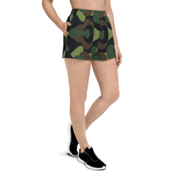 Woodland Military Camo Green Brown Black Pattern Women’s Recycled Athletic Shorts