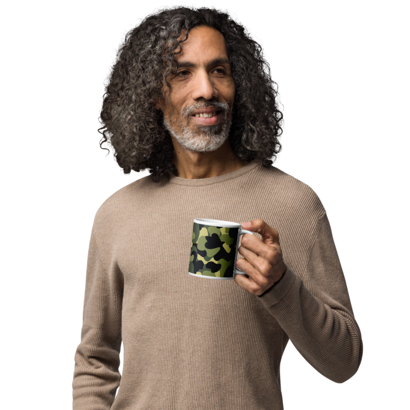 Woodland Camo Green Black Khaki Pattern White glossy mug