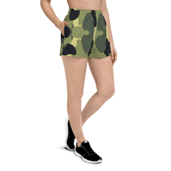 Woodland Camo Green Black Khaki Pattern Women’s Recycled Athletic Shorts