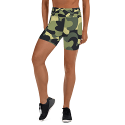 woodland camo green black khaki pattern yoga shorts
