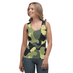 Woodland Camo Green Black Khaki Pattern Sublimation Cut & Sew Tank Top