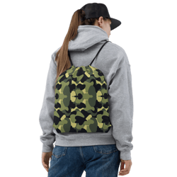 woodland camo green black khaki pattern drawstring bag
