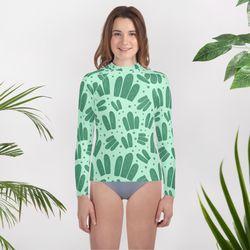 cute watercolor cactus pattern youth rash guard