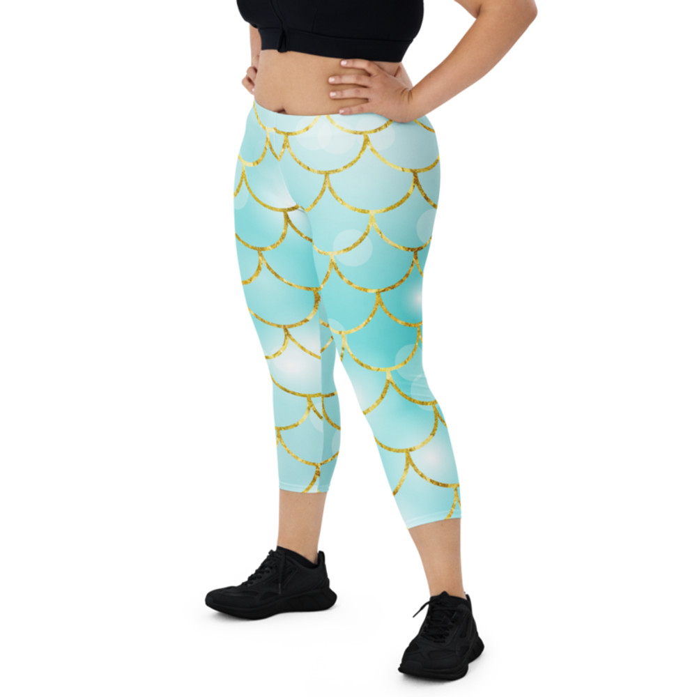 Mermaid Scales Aqua Teal & Gold Pattern Capri Leggings