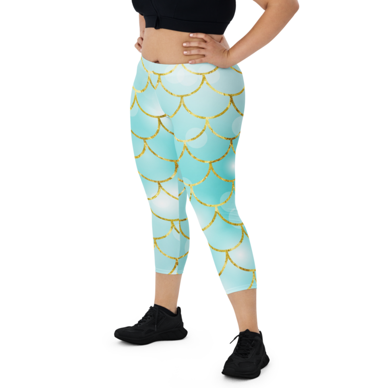 Mermaid Scales Aqua Teal & Gold Pattern Capri Leggings