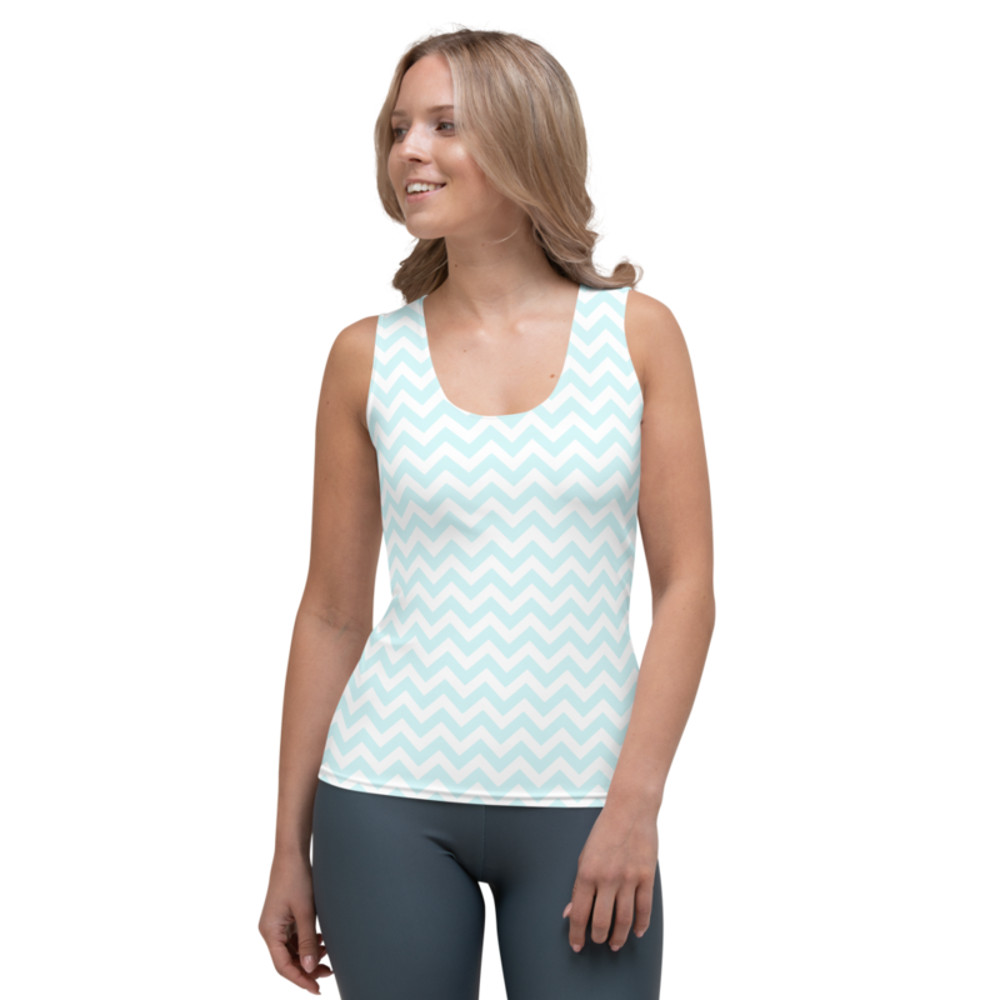 Aqua Blue & White Chevron ZigZag Stripes Pattern Sublimation Cut & Sew Tank Top
