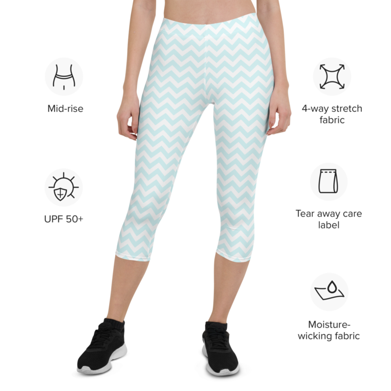Aqua Blue & White Chevron ZigZag Stripes Pattern Capri Leggings