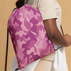 modern girly purpl pink lilac camo pattern drawstring bag