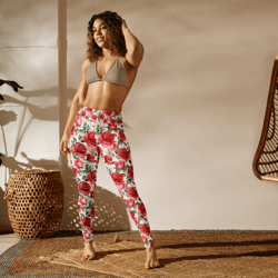 red rose flowers seamless pattern yoga leggings