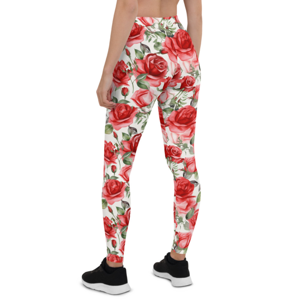 Red Rose Flowers Seamless Pattern Leggings
