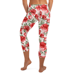 red rose flowers seamless pattern capri leggings