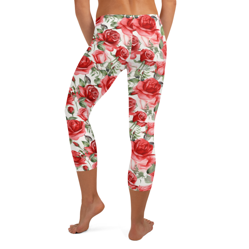 Red Rose Flowers Seamless Pattern Capri Leggings