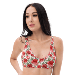 red rose flowers seamless pattern recycled padded bikini top