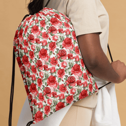 red rose flowers seamless pattern drawstring bag