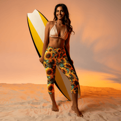 sunflowers watercolor floral painting yoga capri leggings
