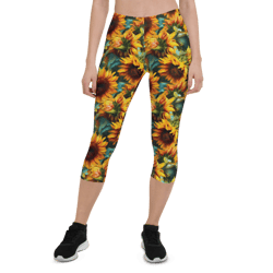 sunflowers watercolor floral painting capri leggings