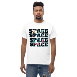 space inscription astronaut with balloons in space men's classic tee