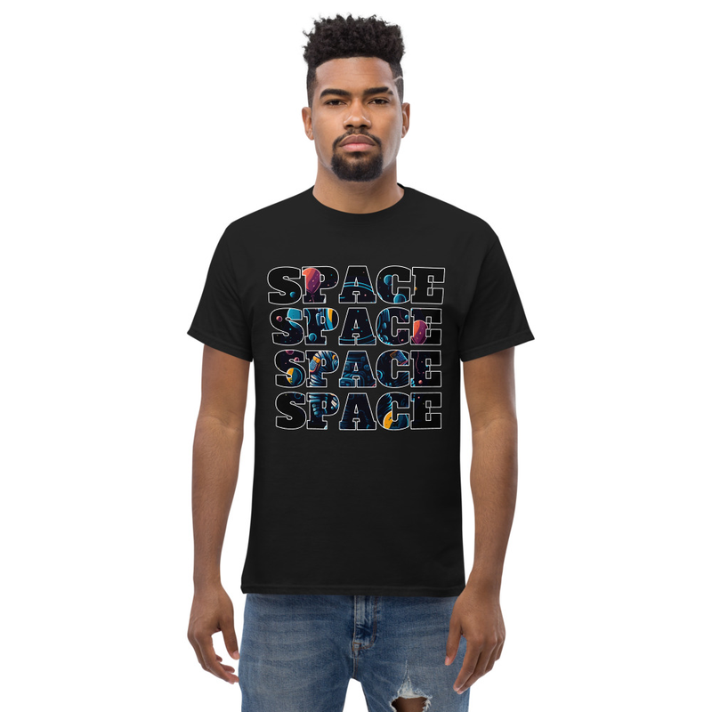 Space Inscription Astronaut With Balloons in Space Men's classic tee