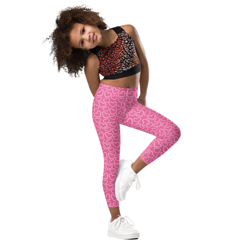 White Outline Polka Dot Hearts on the Pink Background Kid's Leggings